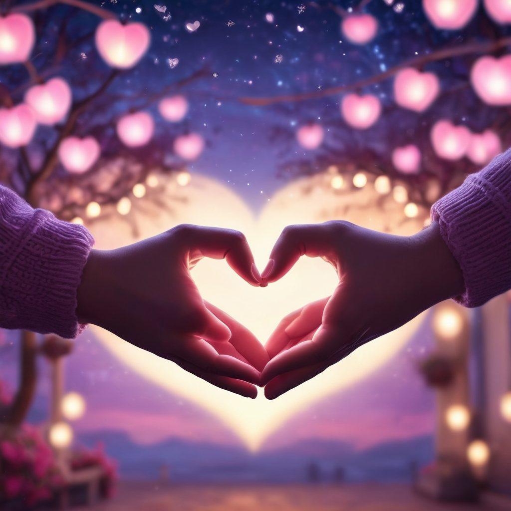 A warm, inviting scene depicting two intertwined hands surrounded by soft glowing lights, symbolizing intimacy and fondness. In the background, silhouettes of a couple in a loving embrace under a starlit sky, with heart-shaped lanterns floating above. Gentle hues of pink and purple to evoke romance, and subtle floral elements softly framing the image. dreamy and romantic. vibrant colors. 3D.