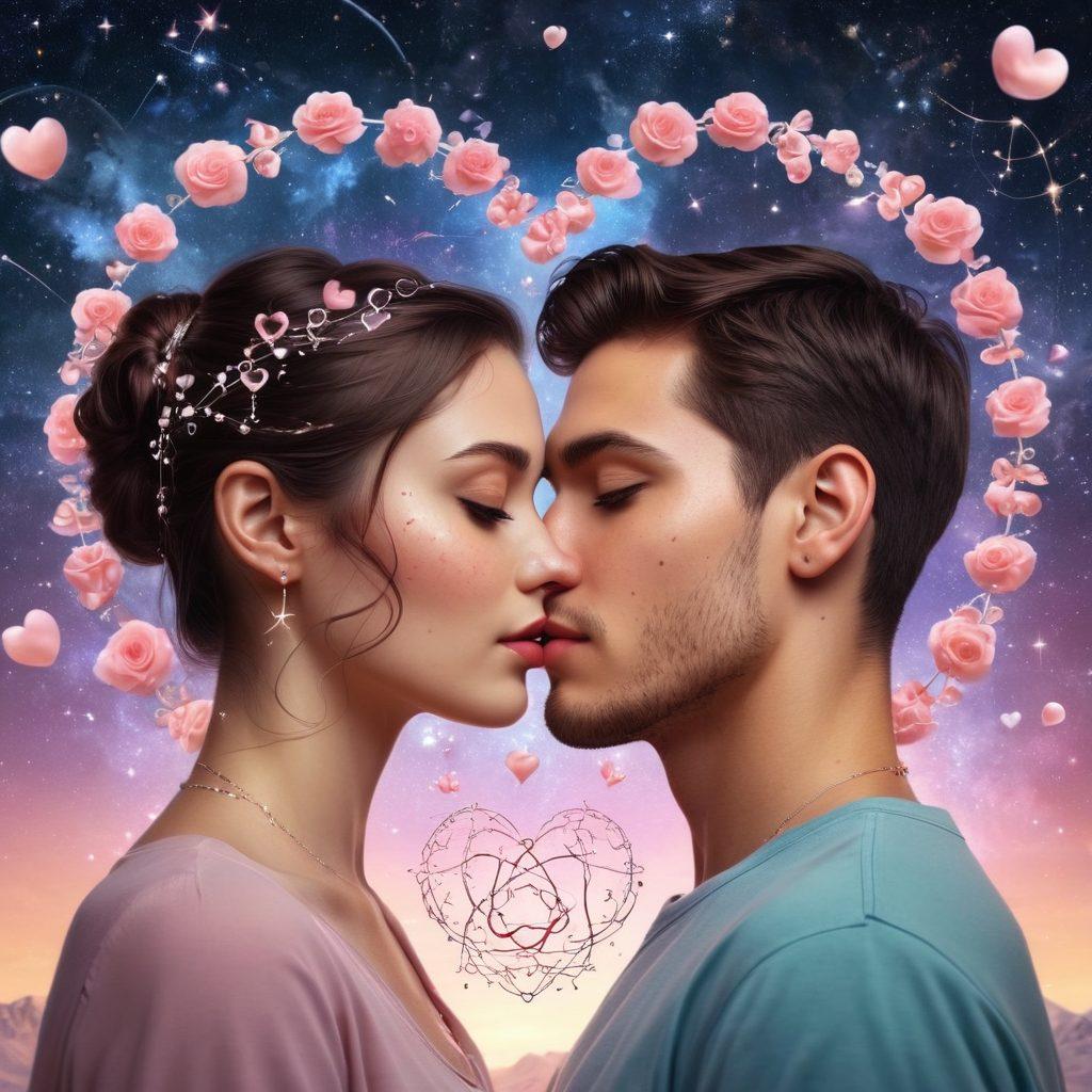 A romantic scene of a couple surrounded by heart-shaped molecules and scientific symbols, showcasing the intertwining of love and science. Soft lighting illuminates their faces, capturing their emotions, while a background of swirling galaxies represents the vastness of devotion. Include floating rose petals to enhance the romance aspect. pastel colors. super-realistic.